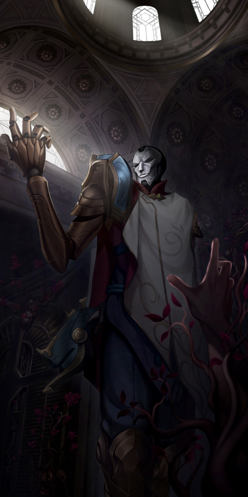 1boy 2others absurdres arm_behind_back belt black_gloves branch cero_(last2stage) cloak death doll_joints flower gem gloves green_gemstone grey_cloak gun highres holding holding_gun holding_weapon jhin joints league_of_legends light_rays looking_at_another mask mechanical_arms multicolored_cloak multicolored_clothes multiple_others open_mouth red_cloak red_flower rope_belt solo_focus teeth two-tone_cloak weapon weapon_behind_back window