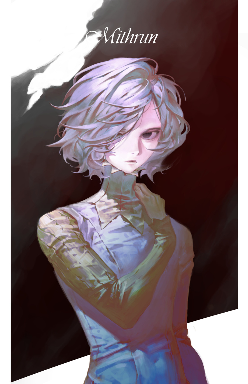 1boy absurdres arm_at_side bags_under_eyes black_background character_name closed_mouth covered_navel dungeon_meshi duuwgo elf floating_hair frown gorget grey_eyes grey_hair hair_over_one_eye hand_on_own_shoulder highres long_sleeves looking_at_viewer male_focus mithrun pointy_ears short_hair skin_tight solo toned toned_male underwear