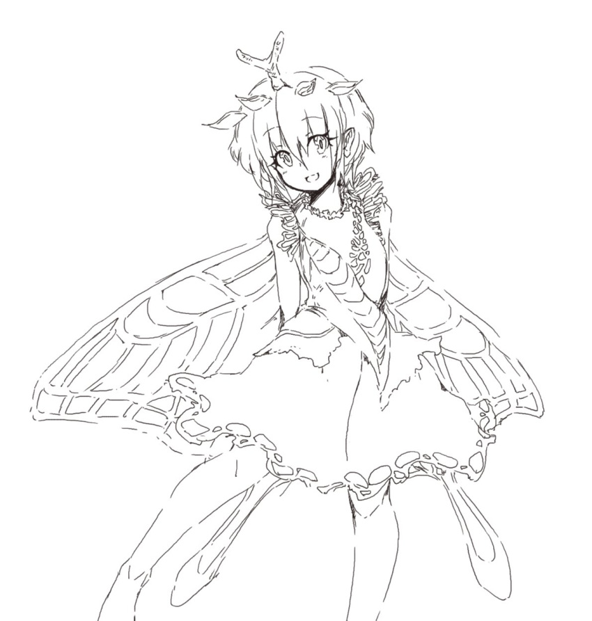 1girl antennae blush butterfly_wings dress eternity_larva fairy feet_out_of_frame greyscale hair_between_eyes highres igunamureido leaf leaf_on_head monochrome open_mouth short_hair short_sleeves simple_background smile solo touhou white_background wings