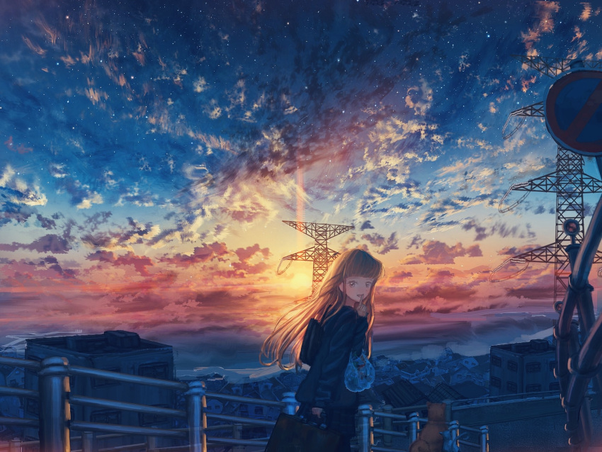 1girl bag blonde_hair building city clouds cloudy_sky dog fence highres kenzo_093 long_hair looking_at_viewer original outdoors road road_sign scenery shopping_bag sign sky star_(sky) starry_sky street sunset transmission_tower yellow_eyes