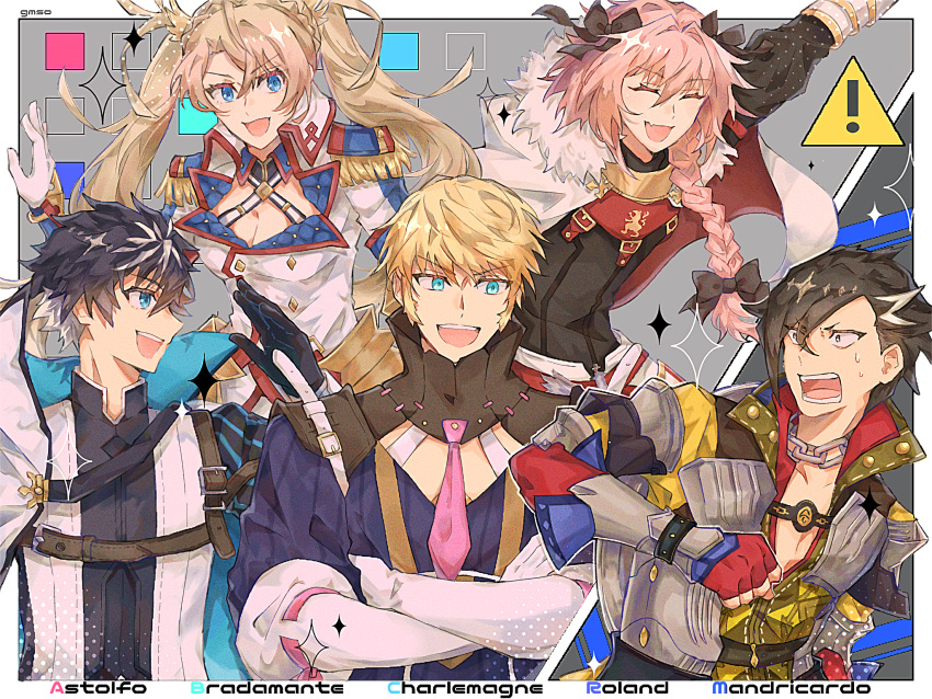 1girl 4boys astolfo_(fate) black_eyes black_gloves black_hair blonde_hair blue_eyes bradamante_(fate) braid cape character_name charlemagne_(fate) clenched_hand closed_eyes crossed_arms epaulettes fang fate/grand_order fate_(series) fingerless_gloves gloves gomashio_(user_xenc4437) highres mandricardo_(fate) multiple_boys necktie pink_hair roland_(fate) sideburns sign smile sweatdrop twintails warning_sign white_gloves