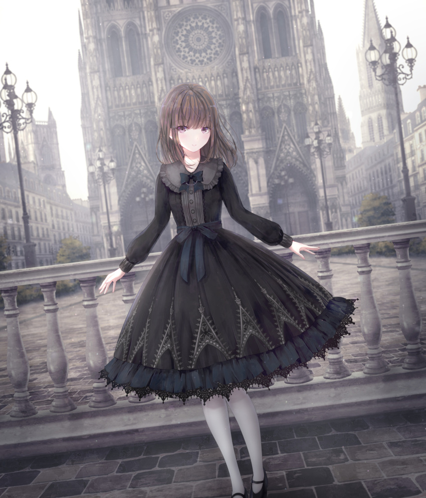 1girl bangs black_bow black_dress black_footwear bow brown_hair cathedral closed_mouth collared_dress commentary_request day dress feet_out_of_frame frilled_shirt_collar frills highres lamppost long_hair long_sleeves looking_at_viewer missile228 original outdoors pantyhose puffy_long_sleeves puffy_sleeves shoes smile solo tower violet_eyes white_legwear