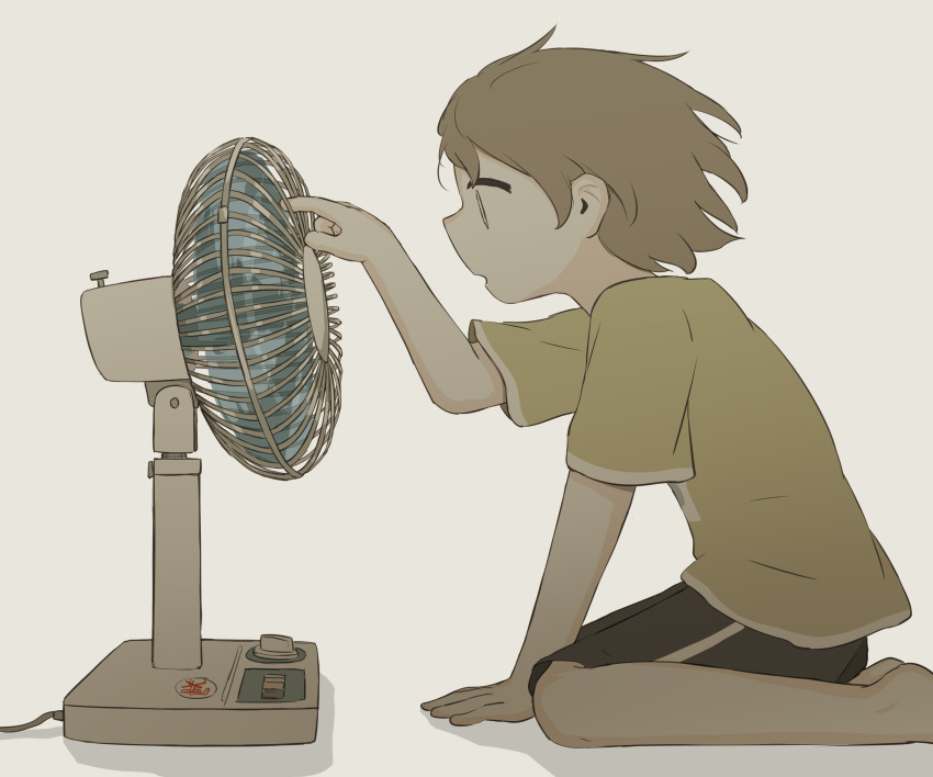 1boy absurdres avogado6 child commentary curious electric_fan highres kneeling original short_hair shorts solo white_background wide-eyed wind