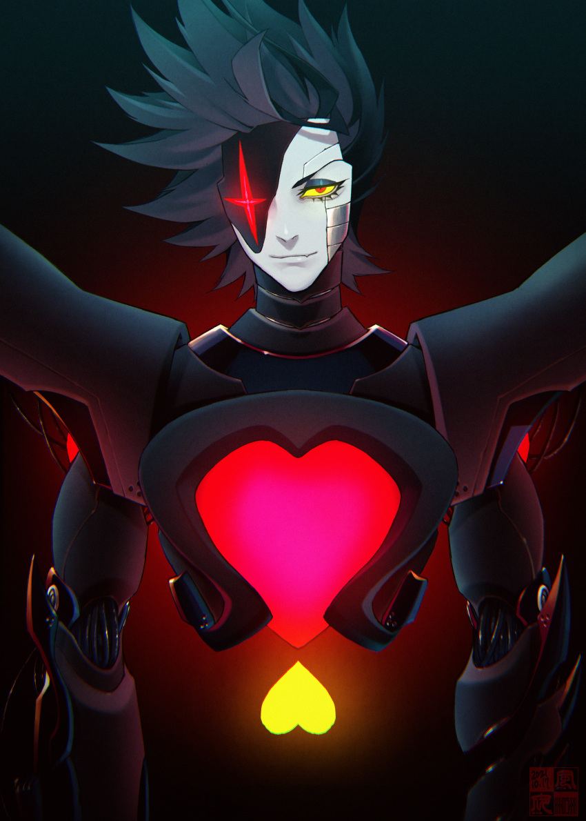 1boy absurdres android black_background black_hair colored_sclera colored_skin eyelashes eyepatch grey_skin heart highres looking_at_viewer male_focus mettaton mettaton_neo red_eyes solo spiky_hair undertale upper_body yellow_sclera yokaze_(xxxdisxxx)