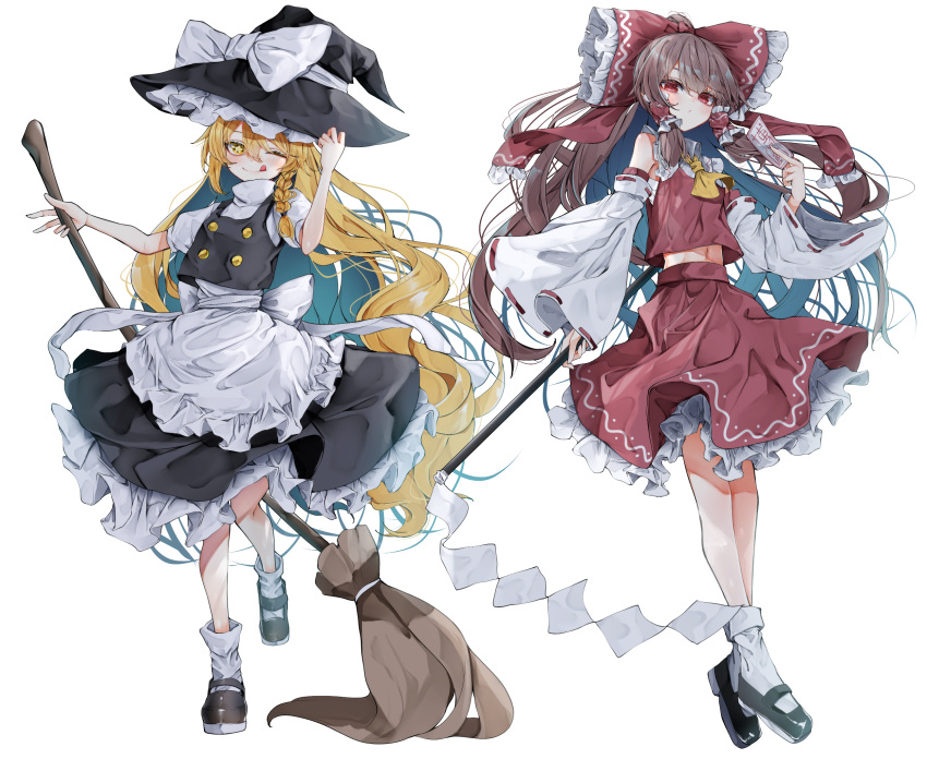 2girls apron bare_shoulders black_footwear black_headwear blonde_hair blush bow braid broom brown_hair closed_mouth detached_sleeves frilled_skirt frills gohei hair_between_eyes hair_bow hair_tubes hakurei_reimu hat hat_bow highres holding japanese_clothes kirisame_marisa long_hair multiple_girls nontraditional_miko ofuda one_eye_closed puffy_short_sleeves puffy_sleeves red_bow red_eyes red_skirt ribbon-trimmed_sleeves ribbon_trim shoes short_sleeves sidelocks simple_background single_braid skirt smile tongue tongue_out touhou tsune_(tune) waist_apron white_apron white_background white_bow white_legwear white_sleeves wide_sleeves witch_hat yellow_eyes