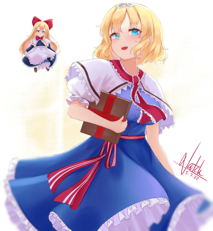1girl absurdres alice_margatroid blonde_hair blue_dress blue_eyes blush book bow capelet dated doll dress grimoire_of_alice hair_bow hairband highres hourai_doll lolita_hairband looking_at_viewer natch_imaycz open_mouth red_hairband ribbon short_hair signature smile solo touhou white_background white_capelet witch