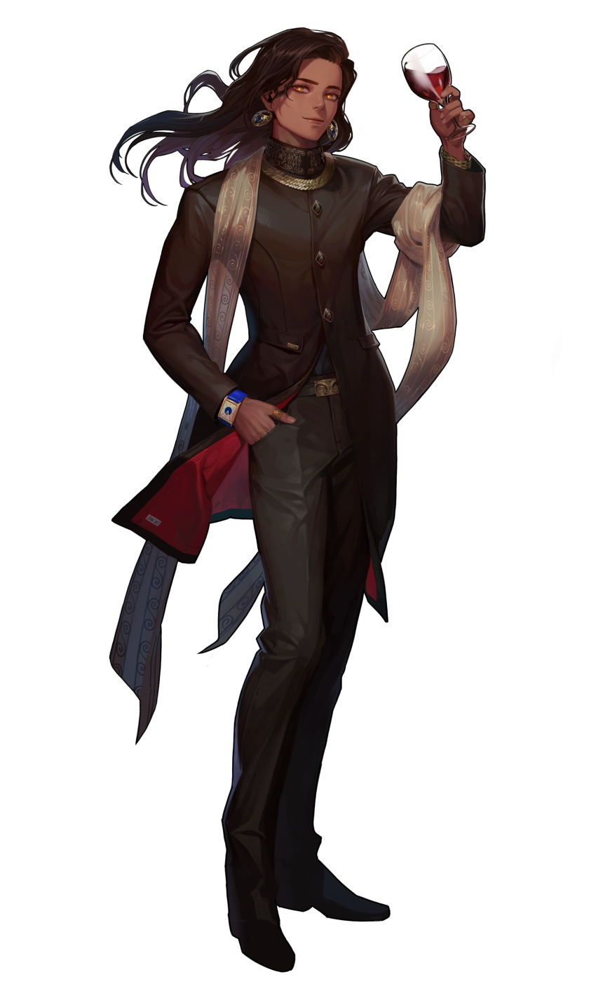 1boy absurdres artist_request bad_source black_footwear black_survival brown_hair brown_pants brown_shirt closed_mouth cup drinking_glass earrings formal full_body hand_in_pocket hand_up highres holding holding_cup jewelry long_hair long_sleeves looking_at_viewer male_focus nose official_alternate_costume official_art pants ring shirt simple_background solo standing suit transparent_background watch watch wine_glass yellow_eyes zahir_(black_survival)