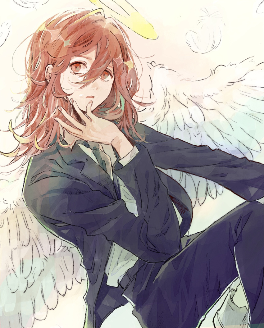 1boy angel angel_devil_(chainsaw_man) angel_wings black_jacket black_necktie chainsaw_man commentary_request falling_feathers feathered_wings feathers formal haachi halo highres jacket long_sleeves male_focus medium_hair necktie orange_eyes orange_hair shirt solo suit suit_jacket white_feathers white_shirt white_wings wings