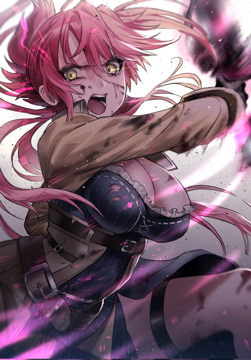 1girl ateez_hncrn blood blood_on_face breasts eiyuu_densetsu fighting gloves highres holding holding_sword holding_weapon jacket large_breasts open_mouth pink_hair ponytail sara_valestein sen_no_kiseki solo sword weapon yellow_eyes