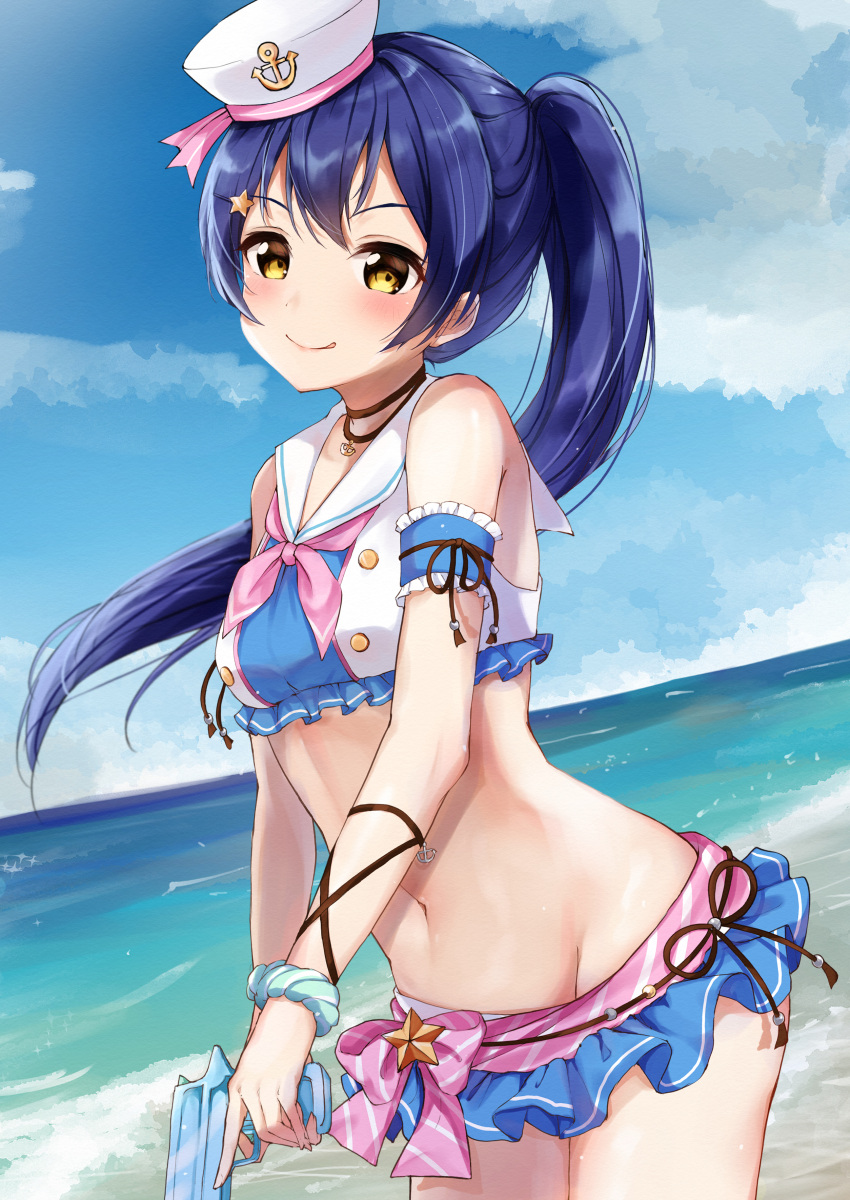 1girl :q absurdres bangs beach bikini bikini_skirt blue_hair blush cowboy_shot day hair_between_eyes hair_ornament hat highres holding holding_water_gun long_hair looking_at_viewer love_live! love_live!_school_idol_project ocean outdoors ponytail sailor_bikini sailor_collar sailor_hat skirt smile solo sonoda_umi swept_bangs swimsuit tongue tongue_out toy_gun water_gun yellow_eyes yoshinon_(yoshinon_kotori)