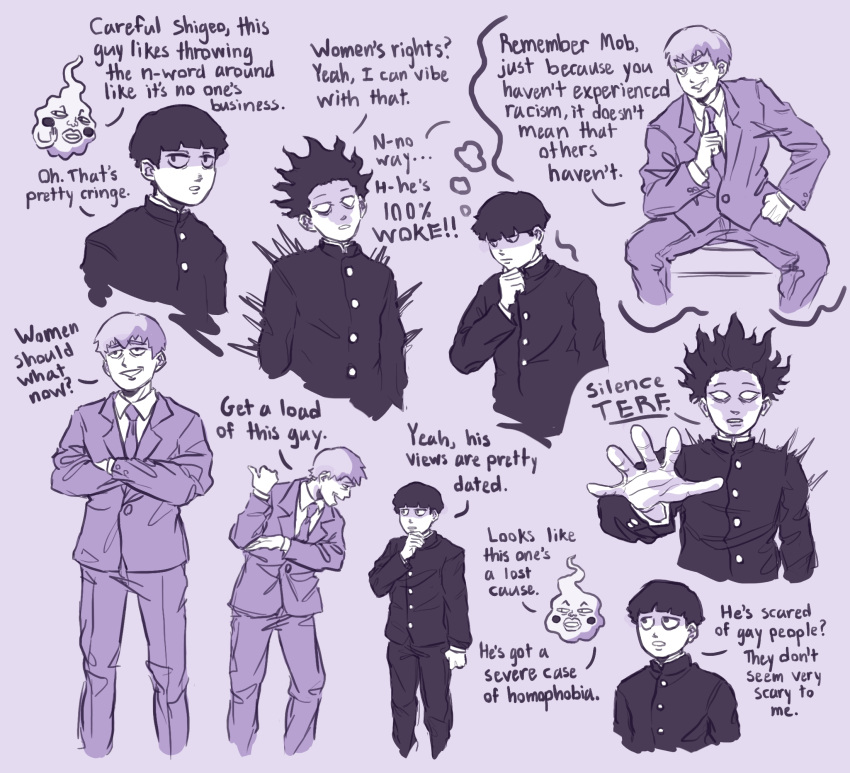 2boys angie_m bangs blank_eyes blush_stickers bowl_cut collared_shirt ekubo_(mob_psycho_100) english_commentary english_text formal gakuran grin hand_on_own_chin highres jacket kageyama_shigeo limited_palette male_focus mob_psycho_100 multiple_boys outstretched_hand pants pun purple_background reigen_arataka school_uniform shirt simple_background sitting smile spirit suit thought_bubble wing_collar