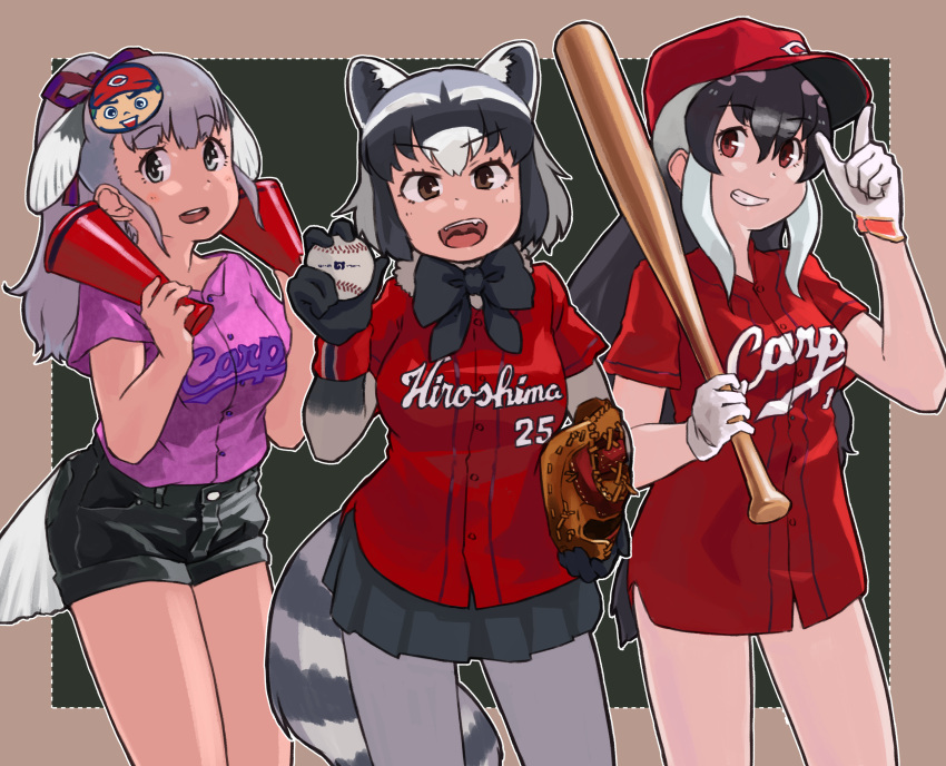 3girls absurdres african_penguin_(kemono_friends) animal_ear_fluff animal_ears ball baseball_bat baseball_cap baseball_uniform bow bowtie common_raccoon_(kemono_friends) gloves hat highres jinmen-gyo_(kemono_friends) kemono_friends kemono_friends_3 kemono_friends_v_project long_hair looking_at_viewer multiple_girls pantyhose shirt short_hair shorts simple_background skirt smile sportswear tail toriny virtual_youtuber