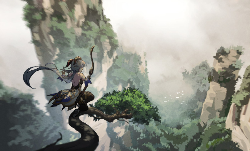 1girl back bird blue_hair bow_(weapon) calamaripop from_behind from_side ganyu_(genshin_impact) genshin_impact hanging_on_tree highres holding holding_bow_(weapon) holding_weapon horns long_hair low_ponytail mountain outdoors scenery solo waist_cape weapon
