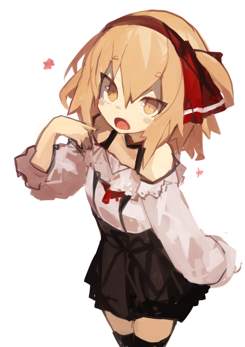 1girl absurdres alternate_costume bangs black_dress black_legwear blonde_hair dress hairband highres kaamin_(mariarose753) long_sleeves looking_at_viewer off_shoulder open_mouth red_hairband rumia shirt short_eyebrows short_hair simple_background solo standing suspenders thigh-highs touhou white_background white_shirt yellow_eyes