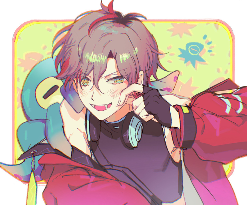 1boy ahoge bishounen black_gloves black_shirt blush brown_hair character_request chromatic_aberration copyright_request dobunomeme fang fingerless_gloves gloves headphones headphones_around_neck highres jacket looking_at_viewer male_focus red_jacket shirt short_hair sleeveless solo