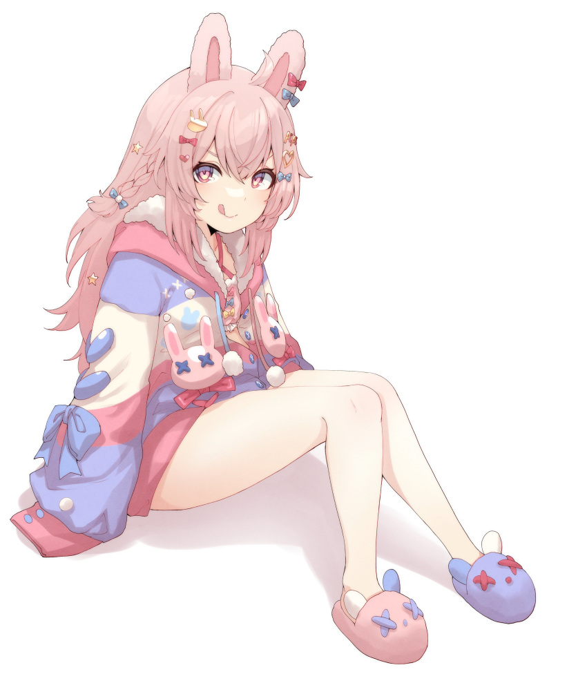 1girl :q absurdres animal_ears animal_slippers bangs bottomless braid breasts bunny_hair_ornament buttons closed_mouth cowlick full_body hair_ornament heart heart_hair_ornament highres knees_together_feet_apart long_hair looking_at_viewer multicolored_clothes phase_connect pink_eyes pink_hair pipkin_pippa rabbit_ears sidelocks sitting sleeves_past_fingers sleeves_past_wrists slippers small_breasts smile solo star_(symbol) star_hair_ornament tongue tongue_out valefal_coneri virtual_youtuber white_background