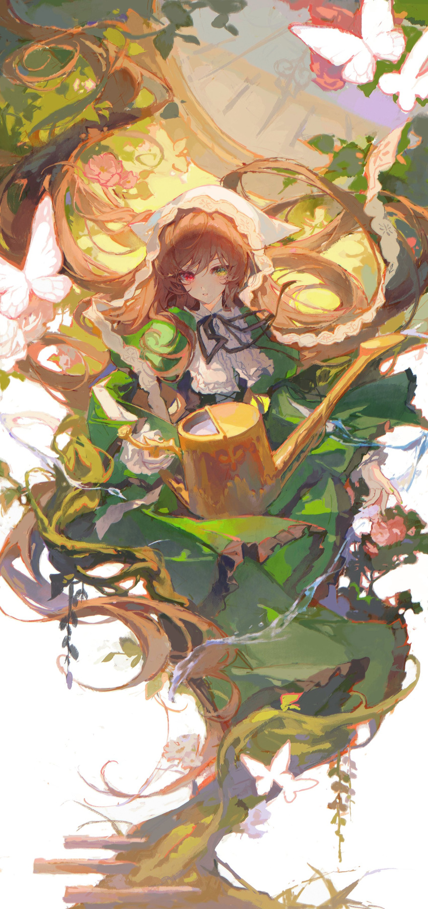 1girl absurdres blue_butterfly brown_hair bug butterfly dress glowing_butterfly green_dress green_eyes heterochromia highres long_hair long_sleeves maccha_(mochancc) rozen_maiden solo suiseiseki very_long_hair watering_can white_butterfly yellow_butterfly