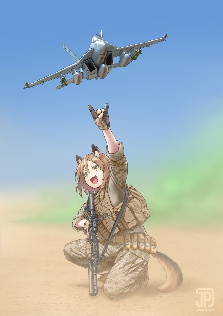 1girl :d aircraft airplane animal_ears artist_name brown_eyes camouflage camouflage_pants commentary dated dust fang fighter_jet gloves green_eyes grenade_launcher gun highres holding holding_gun holding_weapon jet jpc load_bearing_equipment load_bearing_vest long_sleeves m203 military military_vehicle open_mouth original pants plate_carrier pointing sleeves_rolled_up smile soldier solo squatting tactical_clothes tail underbarrel_grenade_launcher united_states_marine_corps watermark weapon