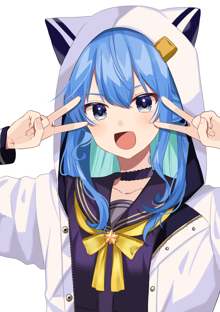 1girl :d black_choker black_shirt blue_eyes blush breasts choker collarbone commentary double_v eyebrows_behind_hair hair_between_eyes hanamori_suzu_(hkgbkk8) highres hololive hood hood_up hooded_jacket hoshimachi_suisei jacket light_blue_hair long_hair long_sleeves looking_at_viewer neck_ribbon official_alternate_costume open_clothes open_jacket open_mouth ribbon sailor_collar shirt simple_background small_breasts smile solo star_(symbol) star_in_eye symbol_in_eye unzipped upper_body v virtual_youtuber white_background white_jacket yellow_ribbon