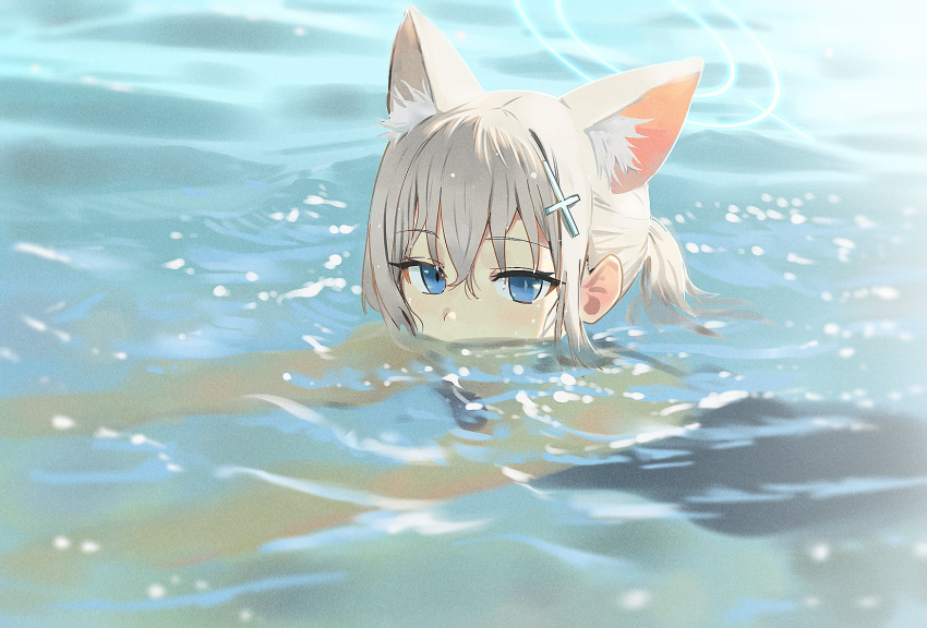 animal_ears bangs blue_archive blue_eyes blue_swimsuit cat_ears commentary_request hair_ornament hairclip highres looking_at_viewer ocean one-piece_swimsuit outdoors outstretched_arms partially_submerged ponytail school_swimsuit shiroko_(blue_archive) shiroko_(swimsuit)_(blue_archive) short_hair swimsuit wasabi60 water white_hair