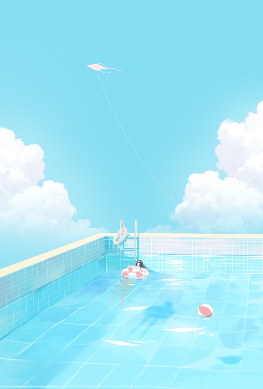1girl ball beachball black_hair blue_sky closed_mouth clouds commentary_request highres innertube kite ladder long_hair mige_shijiu original partially_submerged pool scenery shadow sky smile solo sunglasses water