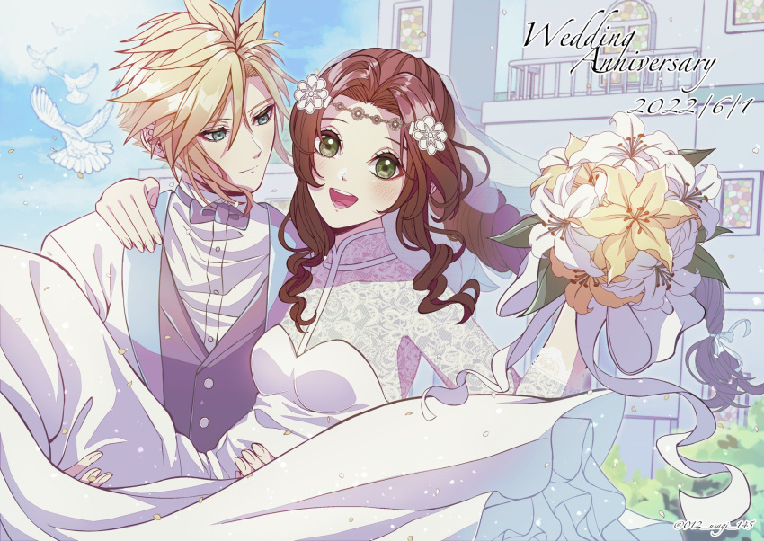 012_usagi 1boy 1girl aerith_gainsborough aqua_eyes arm_around_shoulder balcony bangs bird blonde_hair blush bouquet bow bowtie braid braided_ponytail breasts brown_hair building carrying cloud_strife couple dove dress final_fantasy final_fantasy_vii final_fantasy_vii_remake flower formal green_eyes grey_vest hair_between_eyes hair_flower hair_ornament happy head_chain highres holding holding_bouquet jacket lace_sleeves long_dress long_hair looking_at_another looking_at_viewer medium_breasts official_alternate_costume open_mouth parted_bangs princess_carry shirt short_hair sidelocks sky smile spiky_hair suit teeth tuxedo upper_teeth vest waistcoat wedding wedding_dress white_dress white_flower white_jacket white_shirt white_suit yellow_flower