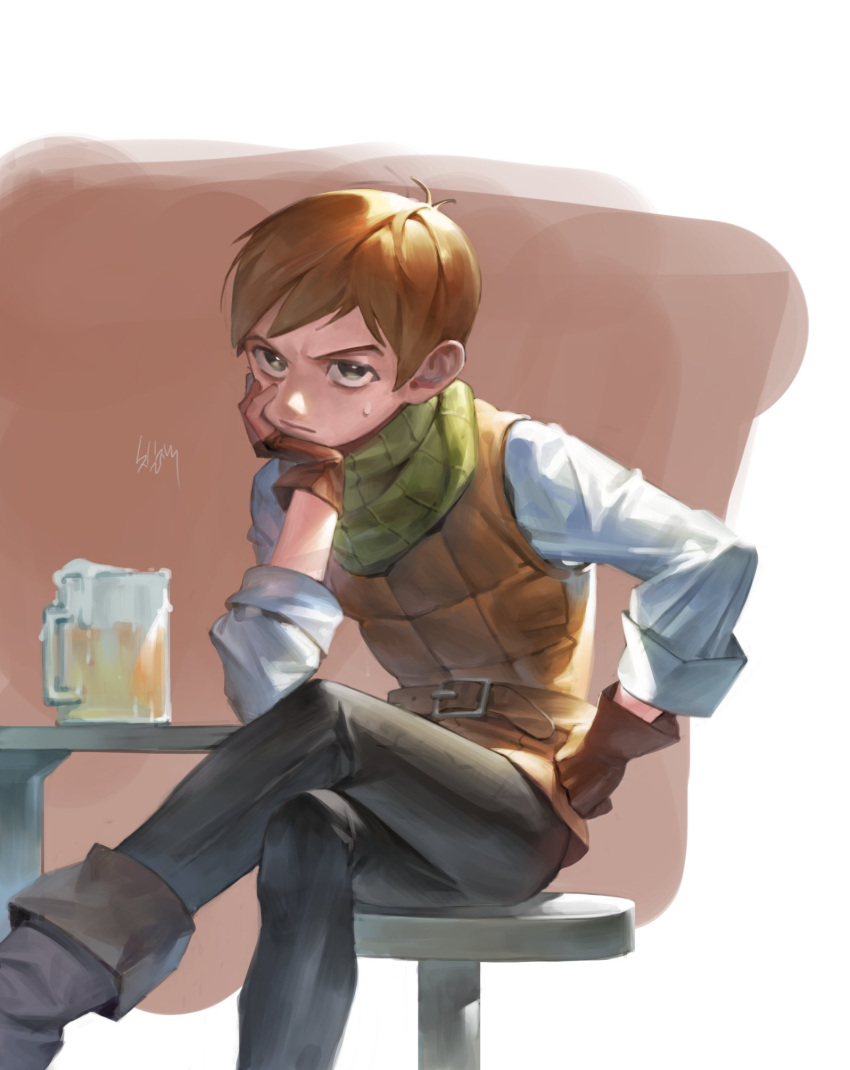 1boy alcohol bangs beer beer_mug belt black_pants brown_background brown_gloves brown_hair brown_vest chilchuck crossed_legs cup dungeon_meshi duuwgo feet_out_of_frame fingerless_gloves frown furrowed_brow gloves grey_eyes hand_on_hip hand_on_own_cheek hand_on_own_face hand_up head_rest highres long_sleeves looking_afar male_focus mug pants shirt short_hair signature sitting sleeves_rolled_up solo stool sweatdrop table vest white_shirt