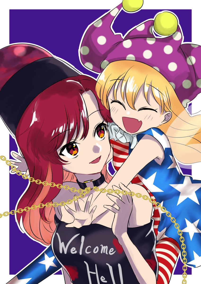 2girls absurdres alternate_hair_color american_flag_dress american_flag_pants arms_up bangs bare_shoulders black_choker black_headwear black_shirt blush border breasts chain choker closed_eyes clownpiece collarbone commentary_request dress fairy_wings fang flying gold_chain hair_between_eyes hand_up hands_up happy hat heart heart_print hecatia_lapislazuli highres jester_cap long_hair looking_at_another looking_back medium_breasts medium_hair multiple_girls neck_ruff off-shoulder_shirt off_shoulder one-hour_drawing_challenge open_mouth orange_hair outside_border pants polka_dot polos_crown purple_background purple_headwear red_eyes redhead salmontiger02 shirt short_sleeves simple_background smile standing star_(symbol) star_print striped striped_dress striped_pants t-shirt touhou underworld_(ornament) white_border wings