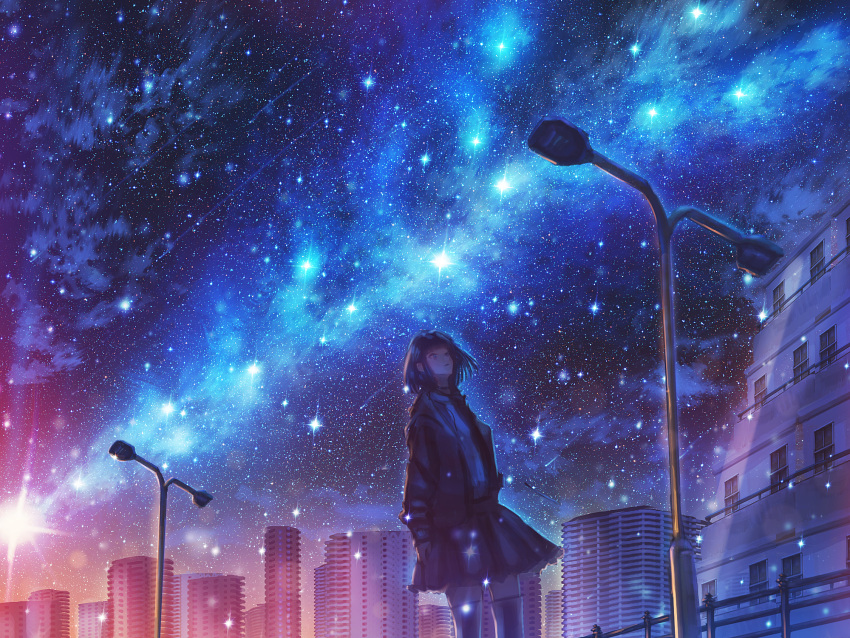 1girl black_hair building clouds coat collared_shirt highres kenzo_093 looking_up night night_sky original outdoors scenery shirt short_hair skirt sky socks solo star_(sky) starry_sky sunset