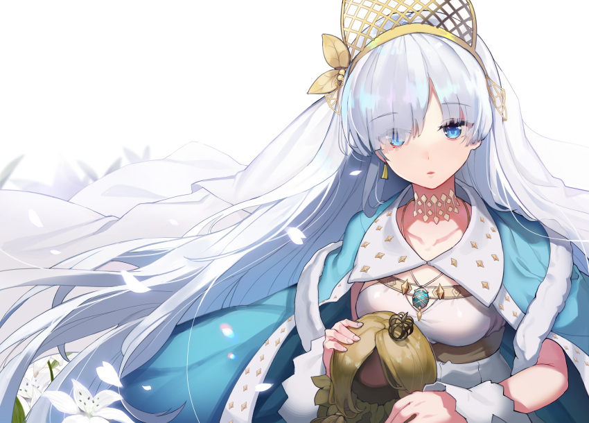 1girl absurdres anastasia_(fate) bangs blue_eyes breasts cape collarbone crown doll dress earrings eyes_visible_through_hair fate/grand_order fate_(series) flower hair_over_one_eye hairband highres holding holding_doll jehyun jewelry long_hair looking_at_viewer mini_crown necklace revision royal_robe shiny shiny_clothes simple_background single_earring small_breasts solo very_long_hair white_background white_dress white_flower