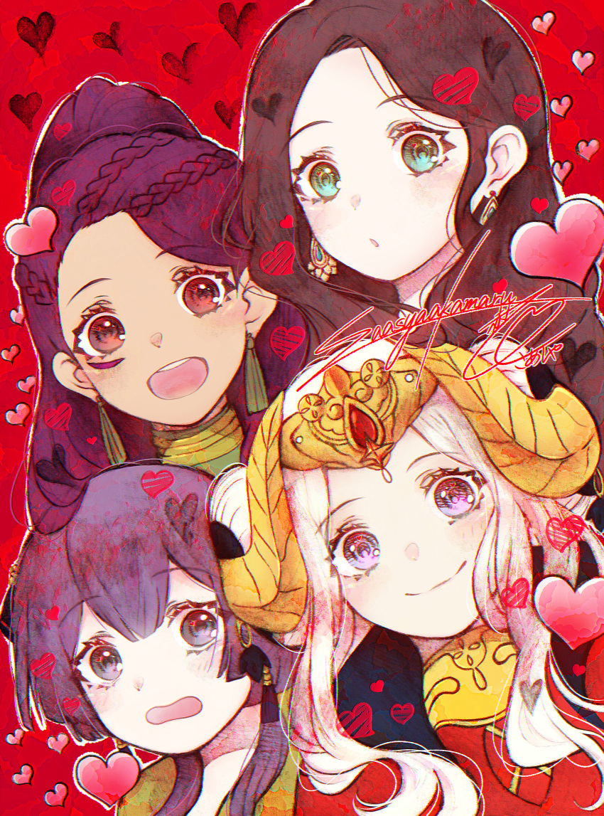 4girls absurdres akamaru_saasha armor artist_name bernadetta_von_varley blue_eyes braid brown_hair closed_mouth crown dorothea_arnault double_bun earrings edelgard_von_hresvelg facial_mark fake_horns fire_emblem fire_emblem:_three_houses hair_bun heart highres horned_headwear horns jewelry long_hair looking_at_viewer multiple_girls open_mouth petra_macneary portrait purple_hair red_armor red_background sidelocks smile violet_eyes white_hair