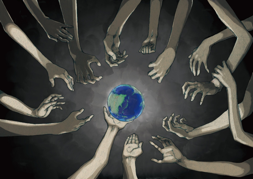 black_background commentary_request dark earth_(planet) gradient gradient_background hand_focus mixed_media multiple_hands original outstretched_hand planet shiva_kyomu0619 traditional_media