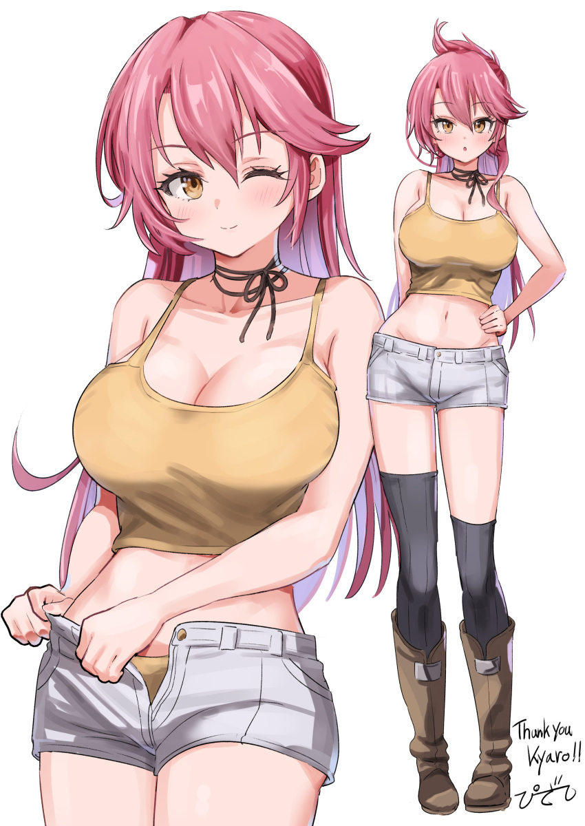 1girl abs absurdres blush boots breasts close-up eiyuu_densetsu highres large_breasts long_hair looking_at_viewer one_eye_closed open_clothes open_fly pink_hair pizzasi sara_valestein sen_no_kiseki shorts simple_background smile solo tank_top thigh-highs white_background yellow_eyes