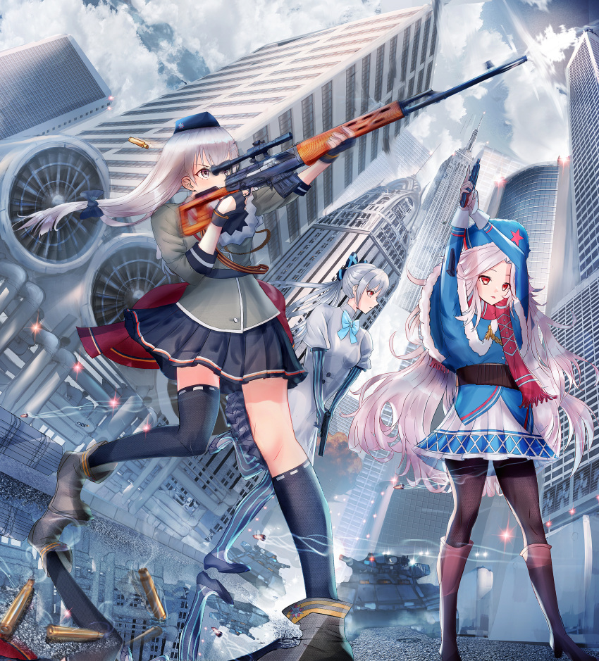 3girls absurdres aiming building bullet capelet city cityscape clouds cloudy_sky day dress explosion firing grey_hair ground_vehicle gun hat highres kenzo_093 long_hair looking_to_the_side looking_up military military_vehicle miniskirt motor_vehicle multiple_girls original outdoors pink_hair red_eyes reflection reflective_water ribbon rifle scarf scenery shoes skirt sky socks tank weapon yellow_eyes