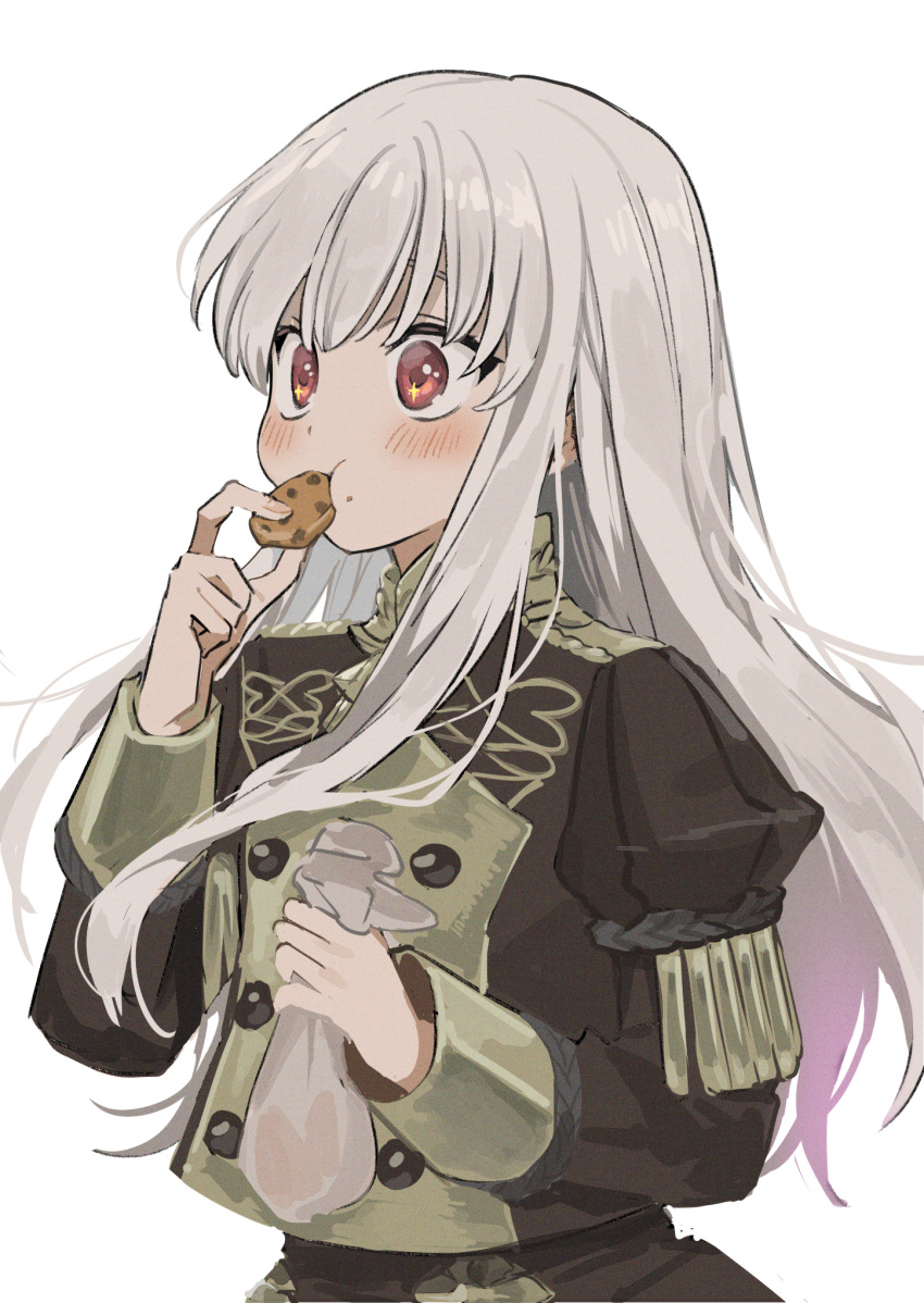 1girl ayuppe bag bangs blush chocolate_chip_cookie cookie cowboy_shot eating fire_emblem fire_emblem:_three_houses food garreg_mach_monastery_uniform highres holding holding_bag holding_food long_hair long_sleeves lysithea_von_ordelia red_eyes sidelocks simple_background solo standing white_background white_hair