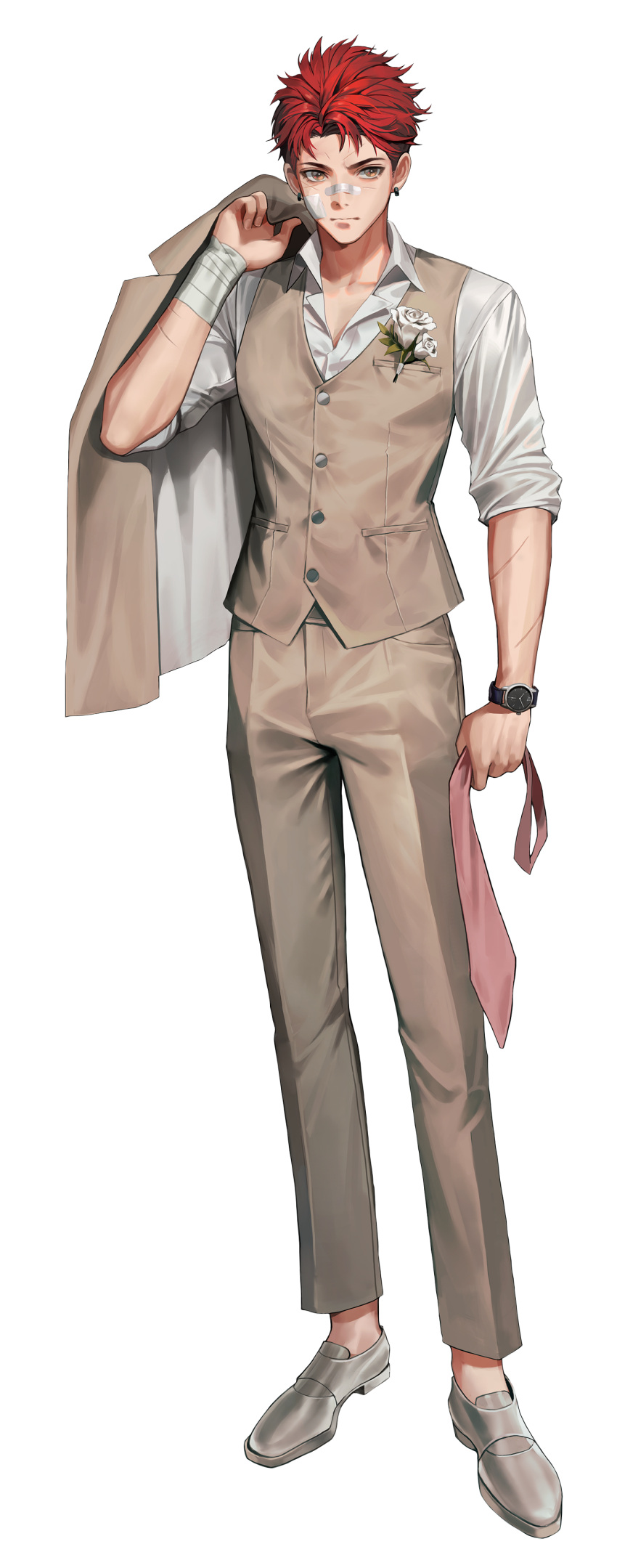 1boy absurdres artist_request bad_source black_survival brown_eyes closed_mouth earrings formal full_body grey_footwear grey_pants highres holding_necktie hyunwoo_(black_survival) jacket jacket_removed jewelry looking_at_viewer male_focus necktie necktie_removed official_alternate_costume official_art pants pink_necktie redhead scar shirt shoes short_hair simple_background solo standing suit transparent_background waistcoat watch watch white_shirt