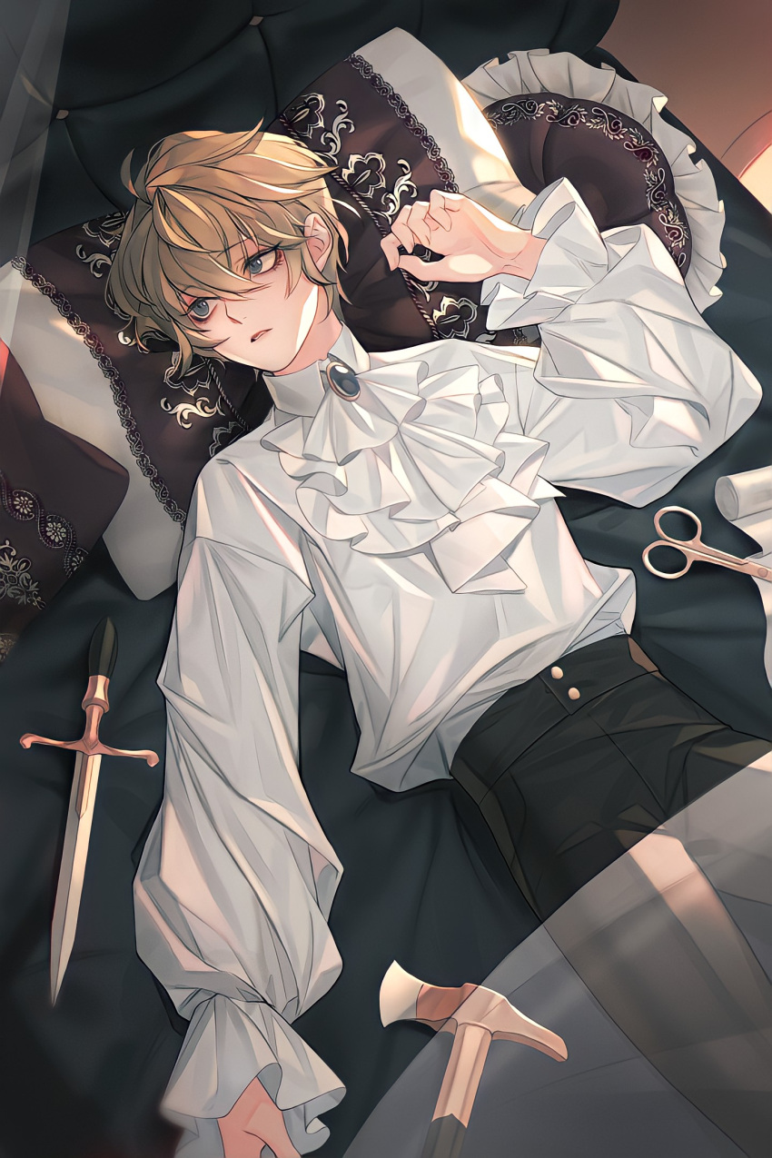 1boy androgynous blonde_hair blue_eyes eyeshadow garam_(rkfka) hammer highres lagras_(saibai_shounen) long_sleeves looking_to_the_side lying makeup male_focus official_art on_back on_bed pants red_eyeshadow saibai_shounen scissors second-party_source shirt solo sword weapon white_shirt