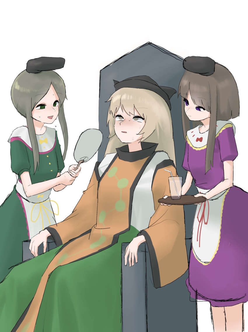 3girls absurdres bangs blonde_hair brown_hair constellation_print green_hair green_skirt highres hot long_hair long_sleeves matara_okina mori_dobonua_(mordvna) multiple_girls nishida_satono orange_sleeves parted_bangs sidelocks simple_background sitting skirt tabard teireida_mai touhou white_background yellow_eyes