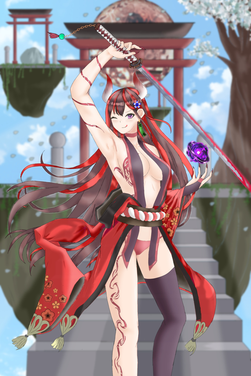 1girl absurdres arm_up armpits bare_shoulders blindfold blue_eyes blush breast_tattoo breasts highres horns japanese_clothes katana kimono large_breasts lewd_chan long_hair looking_at_viewer original red_kimono redhead rope shimenawa smile sword tattoo thigh-highs torii very_long_hair weapon