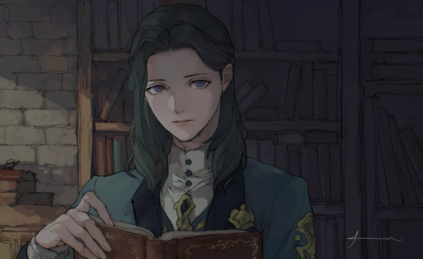 1boy androgynous book bookshelf brooch buttons commentary dadadadadaist expressionless fire_emblem fire_emblem:_three_houses fire_emblem_warriors:_three_hopes green_hair hand_up highres holding holding_book indoors jewelry linhardt_von_hevring looking_at_viewer male_focus medium_hair open_book portrait signature solo stone_wall wall