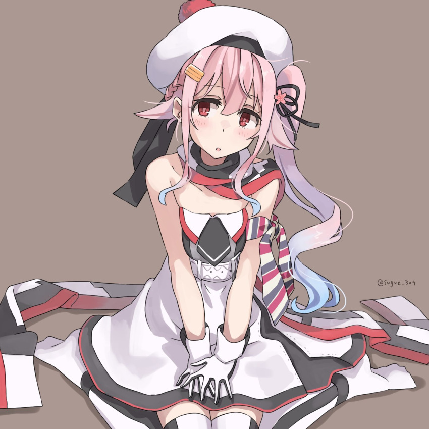 1girl beret blue_hair braid commentary_request cosplay dress flower french_braid gloves gradient_hair grey_background hair_flaps hair_flower hair_ornament harusame_(kancolle) hat highres kantai_collection looking_at_viewer multicolored_clothes multicolored_gloves multicolored_hair multicolored_scarf pink_hair pom_pom_(clothes) red_eyes ribbon richelieu_(kancolle) richelieu_(kancolle)_(cosplay) scarf side_ponytail sitting solo strapless strapless_dress sugue_tettou thigh-highs two-tone_dress two-tone_gloves two-tone_legwear wariza