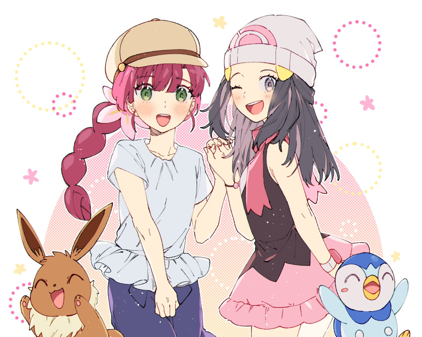 2girls :d bangs beanie black_hair black_shirt blush bracelet braid braided_ponytail brown_headwear busraknongkai chloe_(pokemon) eevee flower green_eyes grey_eyes grey_shirt hair_flower hair_ornament hairclip hat highres hikari_(pokemon) holding_hands jewelry long_hair multiple_girls open_mouth pants pink_flower pink_skirt piplup poke_ball_print pokemon pokemon_(anime) pokemon_(creature) pokemon_journeys poketch shirt skirt sleeveless sleeveless_shirt smile star_(symbol) symbol-only_commentary teeth tongue upper_teeth watch watch white_headwear