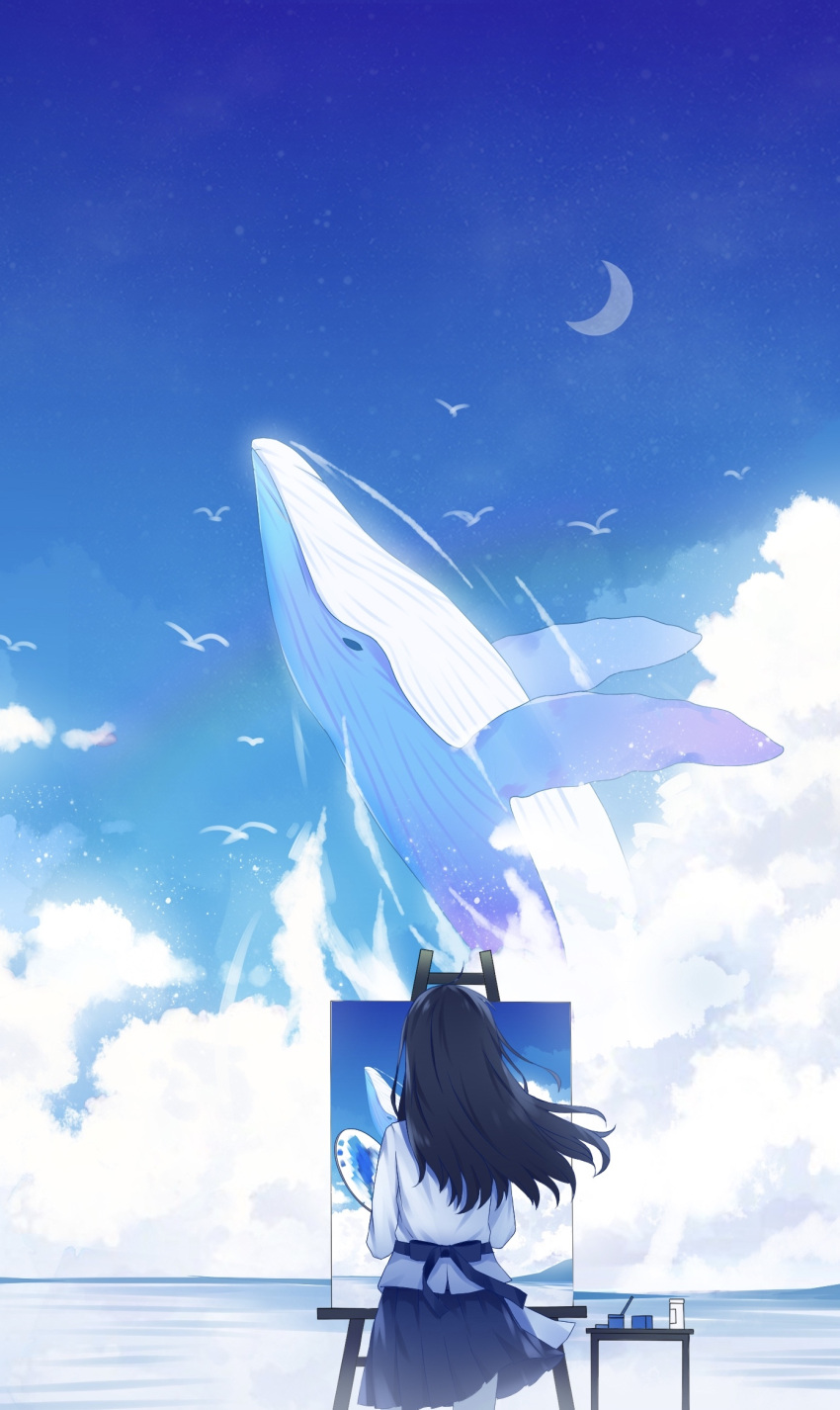 1girl bird black_hair black_skirt blue_sky commentary_request crescent_moon fantasy from_behind highres humpback_whale long_hair long_sleeves mige_shijiu moon original outdoors painting_(action) painting_(object) shirt skirt sky whale white_shirt