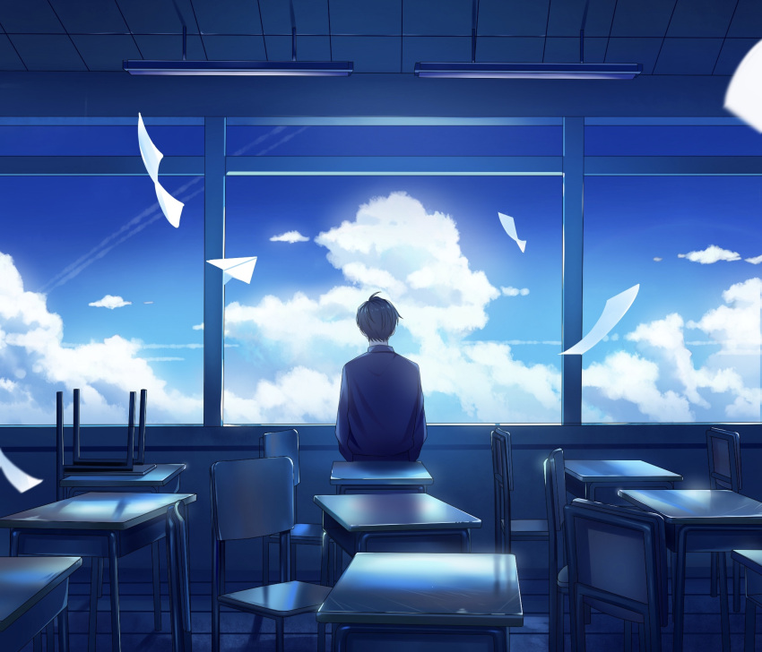 1boy black_hair blazer blue_jacket blue_sky blue_theme ceiling_light chair classroom clouds commentary_request desk flying_paper from_behind highres indoors jacket long_sleeves male_focus mige_shijiu original paper paper_airplane scenery school_chair school_desk short_hair sky solo window