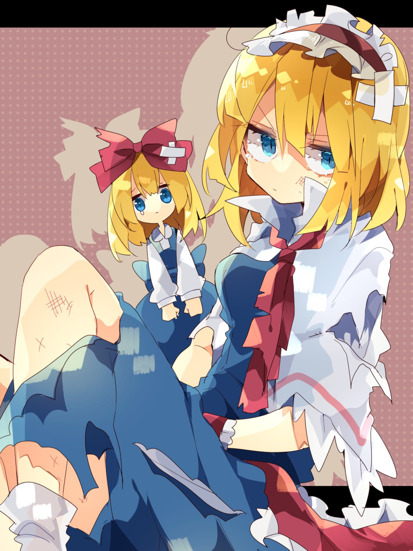 1girl alice_margatroid bandaid blonde_hair blue_dress blue_eyes bow bruise bruise_on_face capelet closed_mouth commentary_request dress expressionless feet_out_of_frame frilled_hairband frilled_ribbon frills hair_bow hairband highres injury knees_up long_sleeves looking_at_viewer medium_hair necktie nikorashi-ka one-hour_drawing_challenge red_bow red_necktie red_ribbon ribbon sad shanghai_doll shirt short_sleeves solo tearing_up torn_clothes touhou white_capelet white_shirt white_socks wrist_cuffs