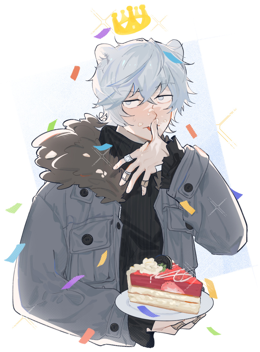 1boy absurdres animal_ears arknights bandaid bandaid_on_hand bear_boy bear_ears birthday bishounen cake cake_slice confetti crown food fur_collar grey_eyes grey_hair hand_up highres jacket jaye_(arknights) licking licking_finger male_focus plate solo sweater turtleneck turtleneck_sweater user_wwud2388