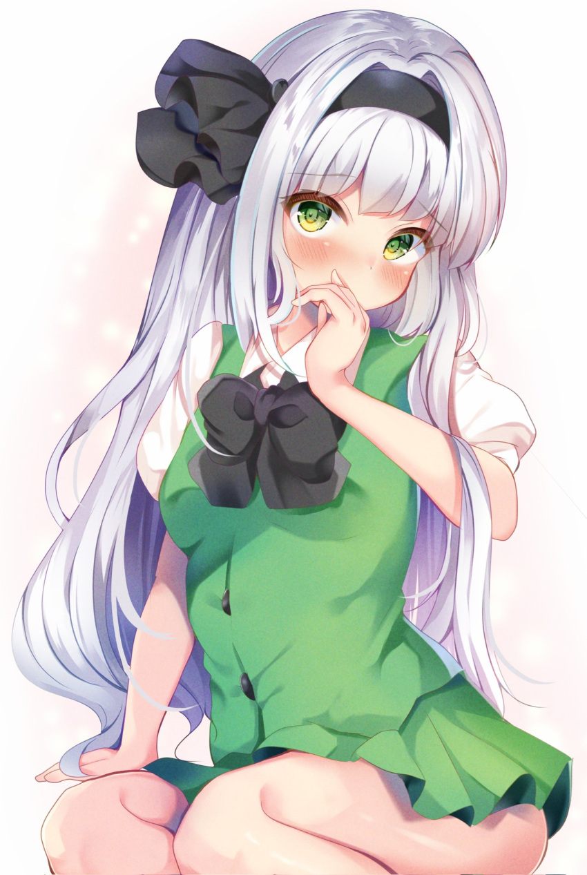 1girl alternate_hair_length alternate_hairstyle bangs black_bow black_bowtie black_hairband black_ribbon blush bow bowtie breasts buttons collared_shirt commentary_request covering_mouth dress eyes_visible_through_hair gradient gradient_background green_dress green_eyes grey_hair hair_between_eyes hairband hand_on_own_face hand_up highres konpaku_youmu long_hair looking_to_the_side medium_breasts pink_background puffy_short_sleeves puffy_sleeves ribbon seiza shirotsuki_shirone shirt short_sleeves sitting solo touhou white_background white_shirt