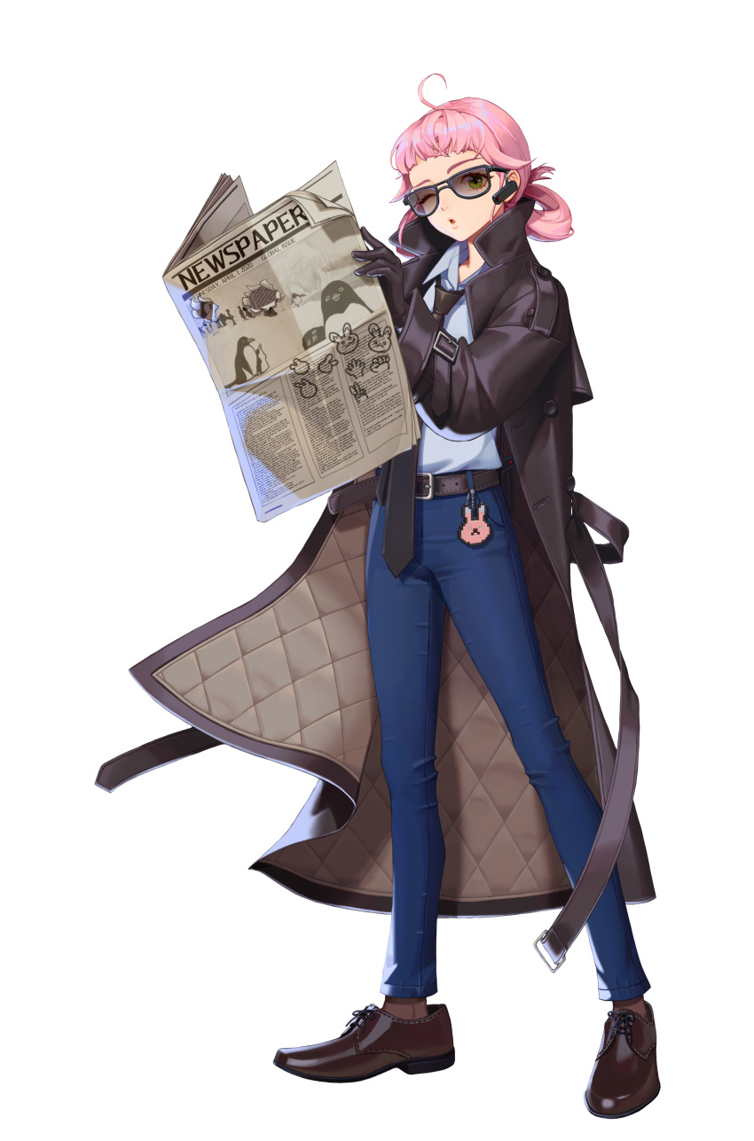 11ama 1girl absurdres ahoge bad_source belt black_survival blue_pants blue_shirt brown_belt brown_coat brown_footwear brown_necktie coat collared_shirt denim eleven_(black_survival) full_body glasses green_eyes hair_rings highres looking_at_viewer medium_hair necktie newspaper official_alternate_costume official_art one_eye_closed open_clothes open_coat pants parted_lips pink_hair shirt shoes simple_background solo standing sunglasses transparent_background