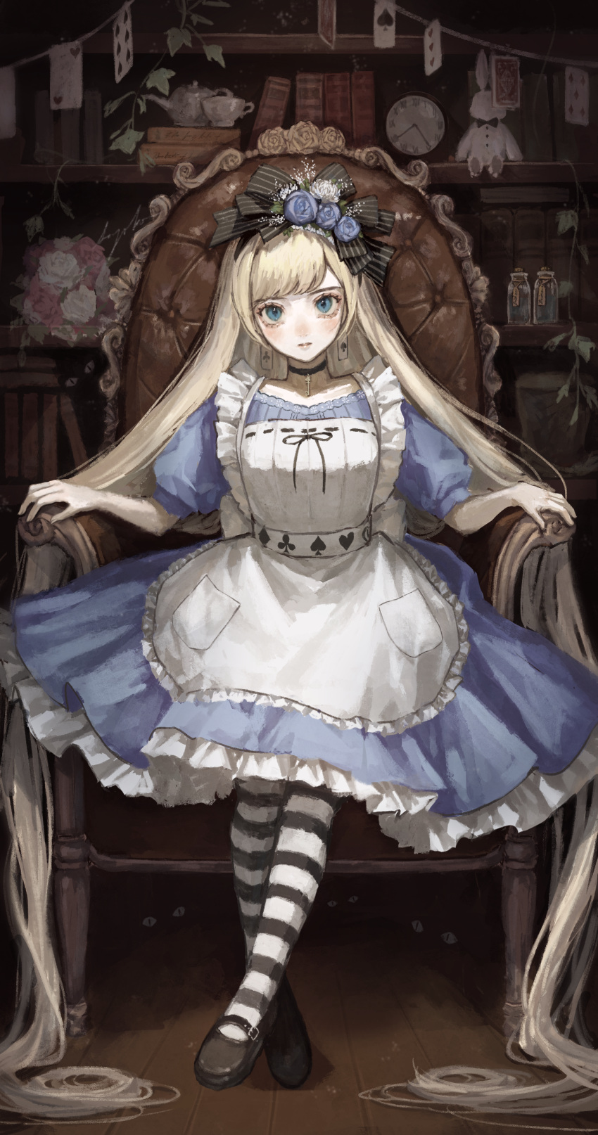 &lt;o&gt;_&lt;o&gt; 1girl absurdly_long_hair absurdres alice_(alice_in_wonderland) alice_in_wonderland animal apron armchair bangs black_cat black_choker black_footwear blonde_hair blue_dress blue_eyes blush bookshelf card cat chair choker clock crossed_ankles cup dark dress earrings flower full_body highres indoors jewelry key long_hair looking_at_viewer mary_janes parted_lips plant playing_card puffy_short_sleeves puffy_sleeves rose sayosny2 shoes short_sleeves sitting slit_pupils solo straight-on striped striped_legwear stuffed_animal stuffed_bunny stuffed_toy swept_bangs teacup teapot very_long_hair white_apron wooden_floor