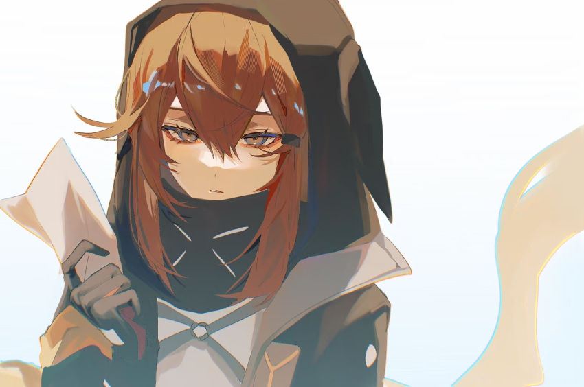 1girl animal_hood arknights black_gloves crownslayer_(arknights) gloves grey_eyes hair_between_eyes hair_ornament hairclip half-closed_eyes hand_up highres holding holding_paper hood long_hair looking_at_viewer mask mask_around_neck orange_hair paper parted_lips sidelocks simple_background solo upper_body white_background wtnbkw